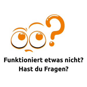 AnnSophieDetje_PersonalBrandingFotografie-Frage-Funktionen Illustration eines fragenden Gesichts mit großen, orange umrandeten Augen und einem orangefarbenen Fragezeichen darüber. Darunter steht in schwarzer Schrift: „Funktioniert etwas nicht? Hast du Fragen?“
