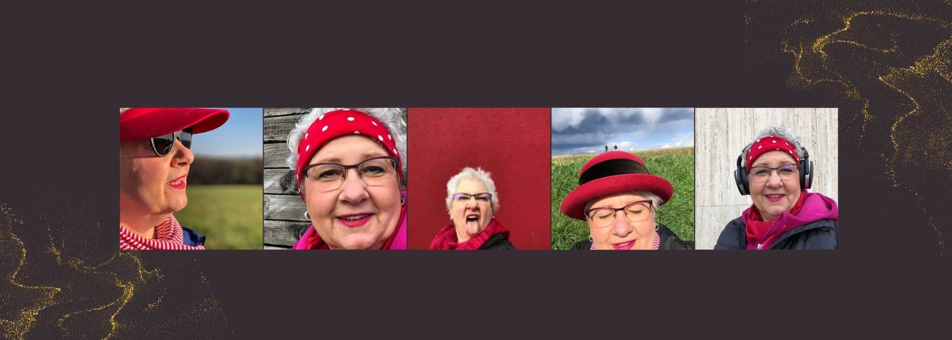Fotocollage mit fünf Handy-Porträts einer älteren Frau mit Brille auf dunklem Hintergrund mit goldenen Glitzereffekten, fotografiert unter der Anleitung von Ann Sophie Detje, Handy-Foto-Fotografin. Die Frau trägt in verschiedenen Bildern unterschiedliche rote Kopfbedeckungen und Accessoires: rote Kappe mit Sonnenbrille, rot gepunktetes Kopftuch, roten Hut, und Kopfhörer. Die Aufnahmen zeigen sie in verschiedenen Umgebungen - draußen in der Natur, vor Holzwand, vor rotem Hintergrund und in Innenräumen.