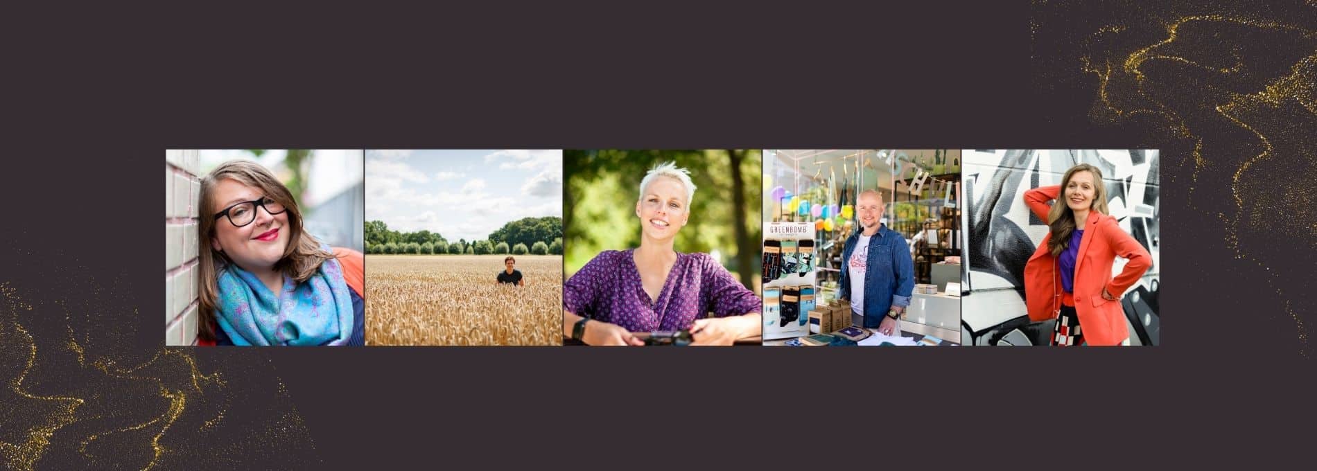 Blog-AnnSophieDetje-PersonalBranding-Fotografin Blog Banner. Es sind fünf Fotos von Menschen zu sehen. Portraits und in der Landschaft.