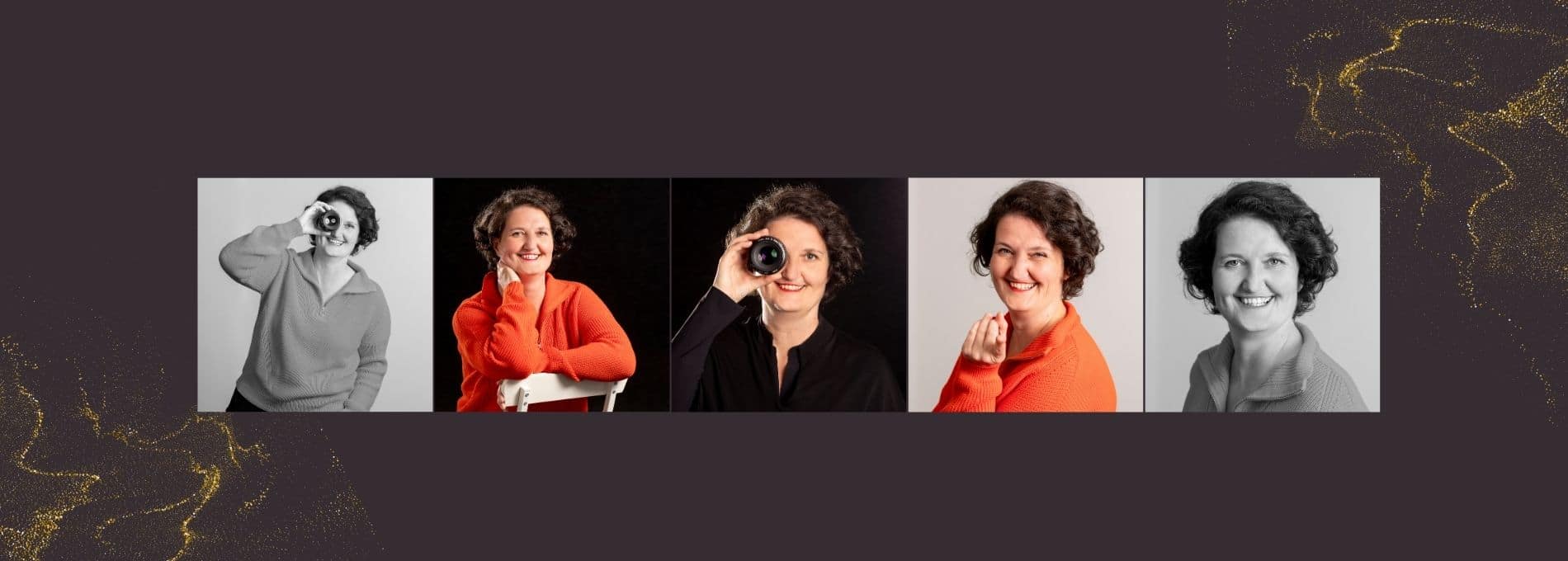 Collage aus fünf professionellen Porträtfotos einer Frau mit lockigem Haar in verschiedenen Posen und Outfits. Die Bilder zeigen sie mit einer Kamera vor dem Auge, in einem roten Pullover lächelnd, in schwarzer Kleidung mit Kamera, in orangefarbenem Pullover und ein Schwarz-Weiß-Portrait. Hintergrund in dunklem Grau mit goldenen Akzenten. Personal Branding Fotografie Ann Sophie Detje