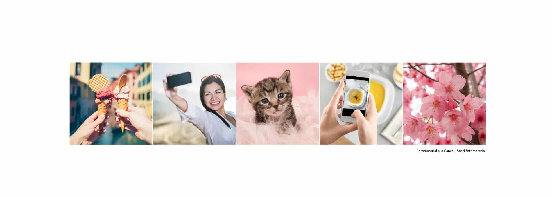 Eine Collage aus fünf farbenfrohen Stockfotos: Zwei Eiswaffeln vor mediterraner Kulisse, eine Frau beim Selfie, ein niedliches Katzenjunges auf rosa Hintergrund, eine Hand, die einen Teller Suppe fotografiert, sowie rosa Kirschblüten. Die Motive sind typische Lifestyle- und Trendbilder aus dem Stockfotobereich. Fotomaterial aus Canva.