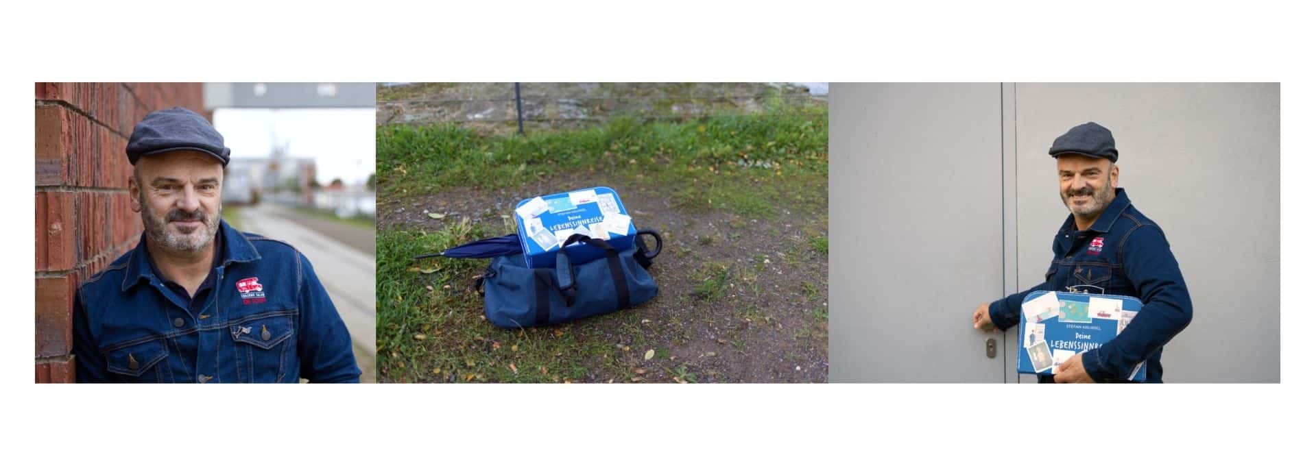 Business Foto-Shooting für Selbstständige: Ein Mann in Jeansjacke und Schiebermütze wird in drei Motiven portraitiert. Links lehnt er entspannt an einer roten Backsteinwand, in der Mitte liegt seine Tasche mit einem blauen Koffer und Regenschirm auf dem Boden, rechts steht er lachend mit dem Koffer in der Hand vor einer grauen Wand.