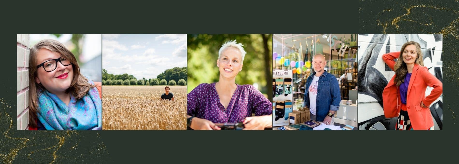 Blog Banner. Es sind fünf Fotos von Menschen zu sehen. Portraits und in der Landschaft.